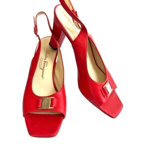Salvatore Ferragamo Red Leather Vara Bow Slingback Pumps Size 9 B